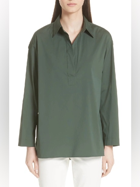 Lafayette 148 Beckett Collared Henley Blouse In Bottle Green Size Xl